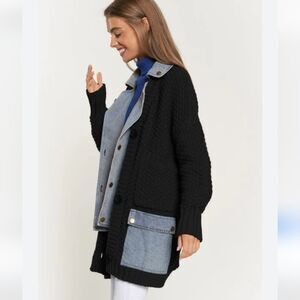Davi & Dani Denim Collar Black Chuncky Knit Button Front Cardigan Oversized S